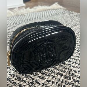 Tory Burch Patent Cosmetic Case Toiletry Pouch Travel Clutch Zip Bag - Black